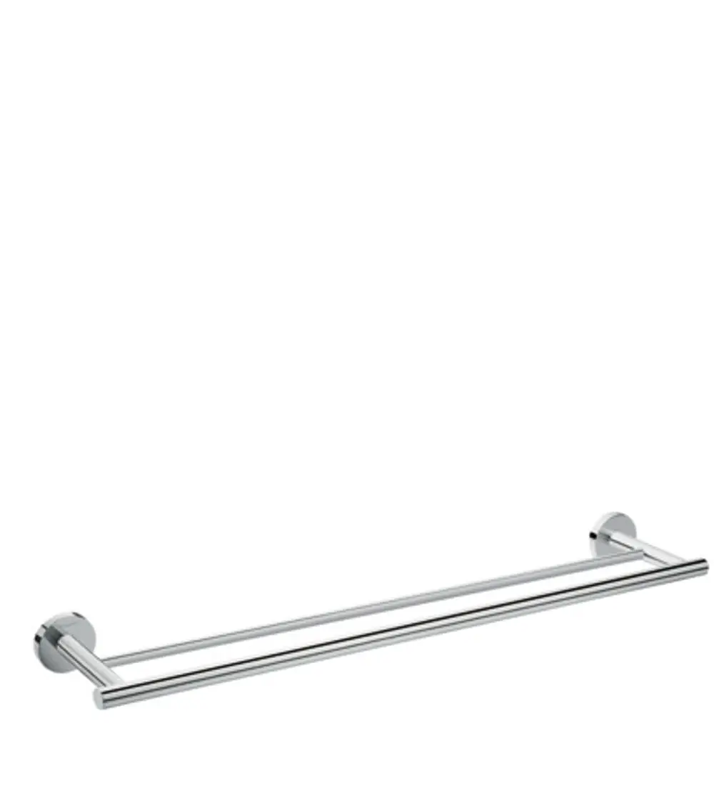 Hansgrohe Doppelbadetuchhalter aus Chrom mit zwei parallelen Stangen, montiert an zwei runden Halterungen, auf weißem Hintergrund.
